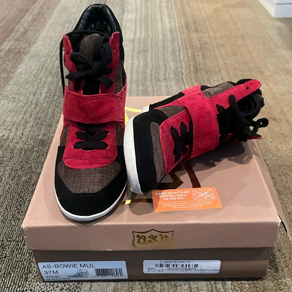 Ash Women's Bowie Lace up Wedge Sneakers in Black/Taupe/Winter Red color
